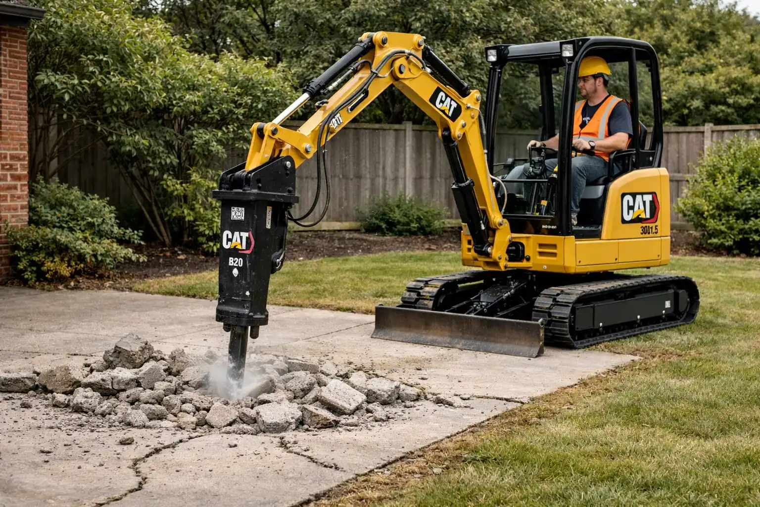 Mini excavator with a hydraulic breaker busting up a concrete patio slab