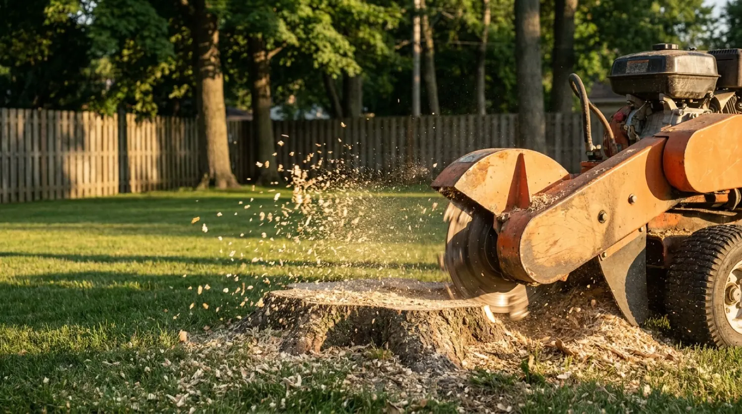Stump grinder wheel throwing wood chips while cutting down a tree stump